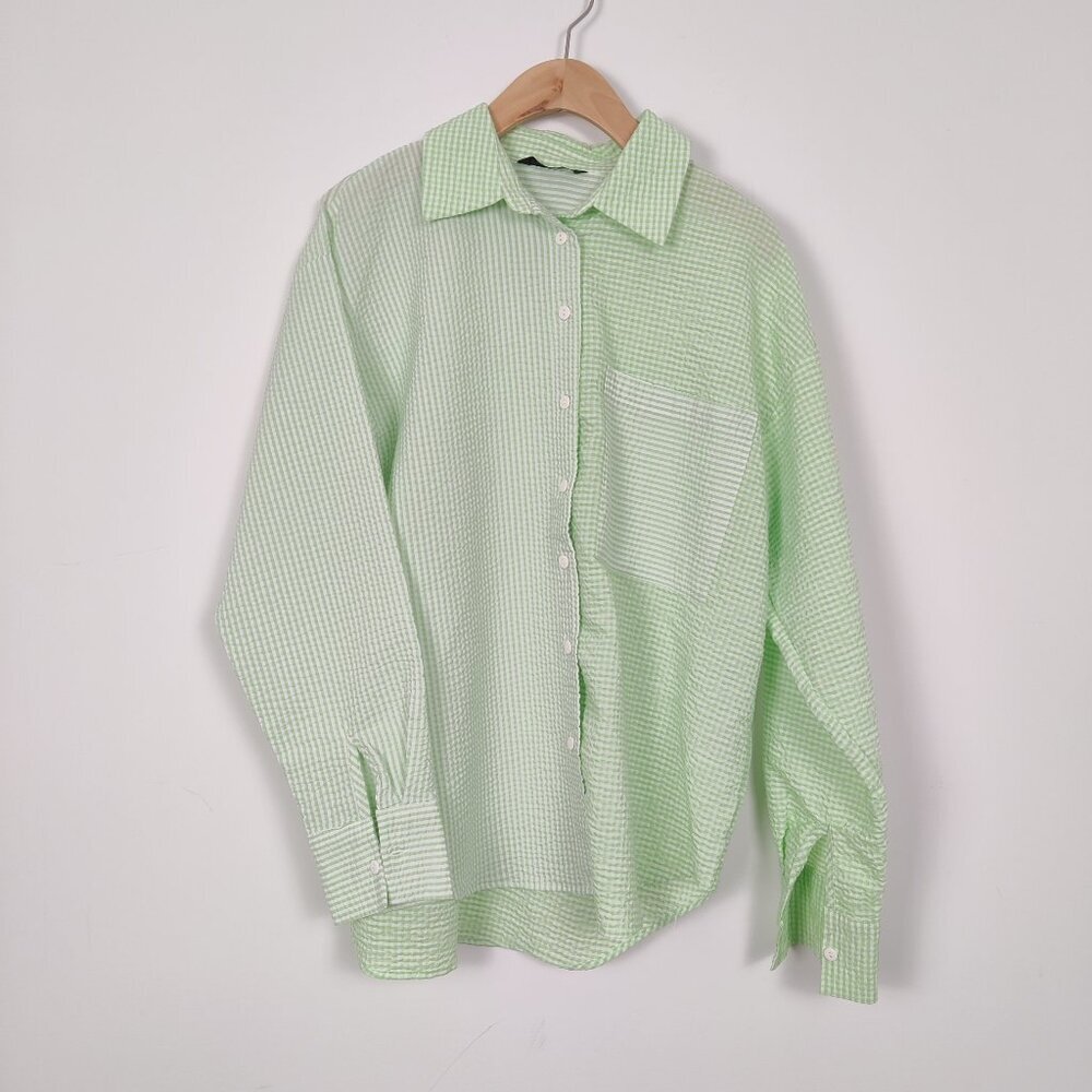 Defacto Women's Button Down Casual Shirt in Green White Size Large Plaid